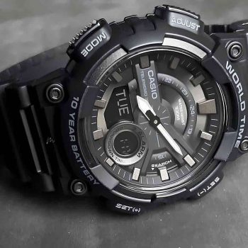 نمای جانبی ساعت کاسیو AEQ-110W-1BVDF با قاب رزینی مشکی و طراحی اسپرت