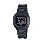 ساعت زنانه کاسیو LA-20WH-1BDF با قاب و بند رزینی مشکی، صفحه دیجیتال ساده، فریم مشکی دور LCD و طراحی یکدست مناسب استفاده روزمره.