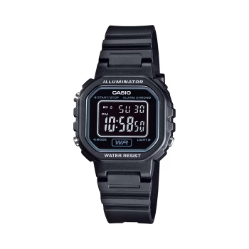 ساعت زنانه کاسیو LA-20WH-1BDF با قاب و بند رزینی مشکی، صفحه دیجیتال ساده، فریم مشکی دور LCD و طراحی یکدست مناسب استفاده روزمره.