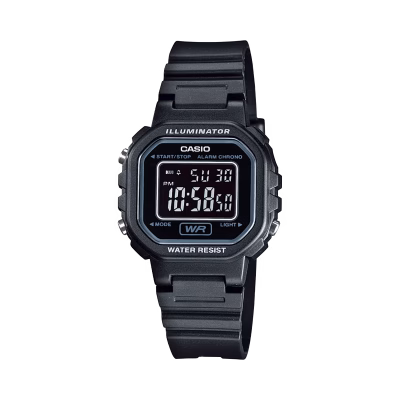ساعت زنانه کاسیو LA-20WH-1BDF با قاب و بند رزینی مشکی، صفحه دیجیتال ساده، فریم مشکی دور LCD و طراحی یکدست مناسب استفاده روزمره.