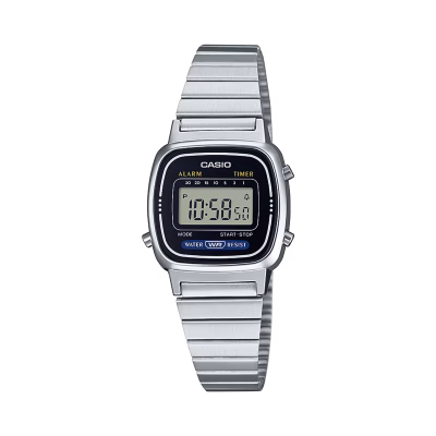 ساعت مچی دیجیتال زنانه کاسیو Casio LA670WA-1DF با بند استیل نقره‌ای و صفحه مستطیلی دیجیتال کلاسیک