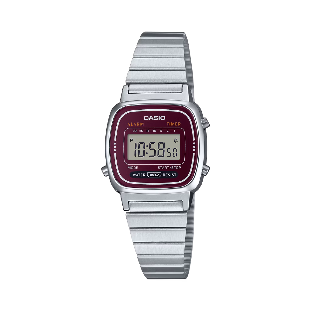 ساعت مچی دیجیتال زنانه کاسیو Casio LA670WA-4DF با بند استیل نقره‌ای و صفحه صورتی روشن مستطیلی
