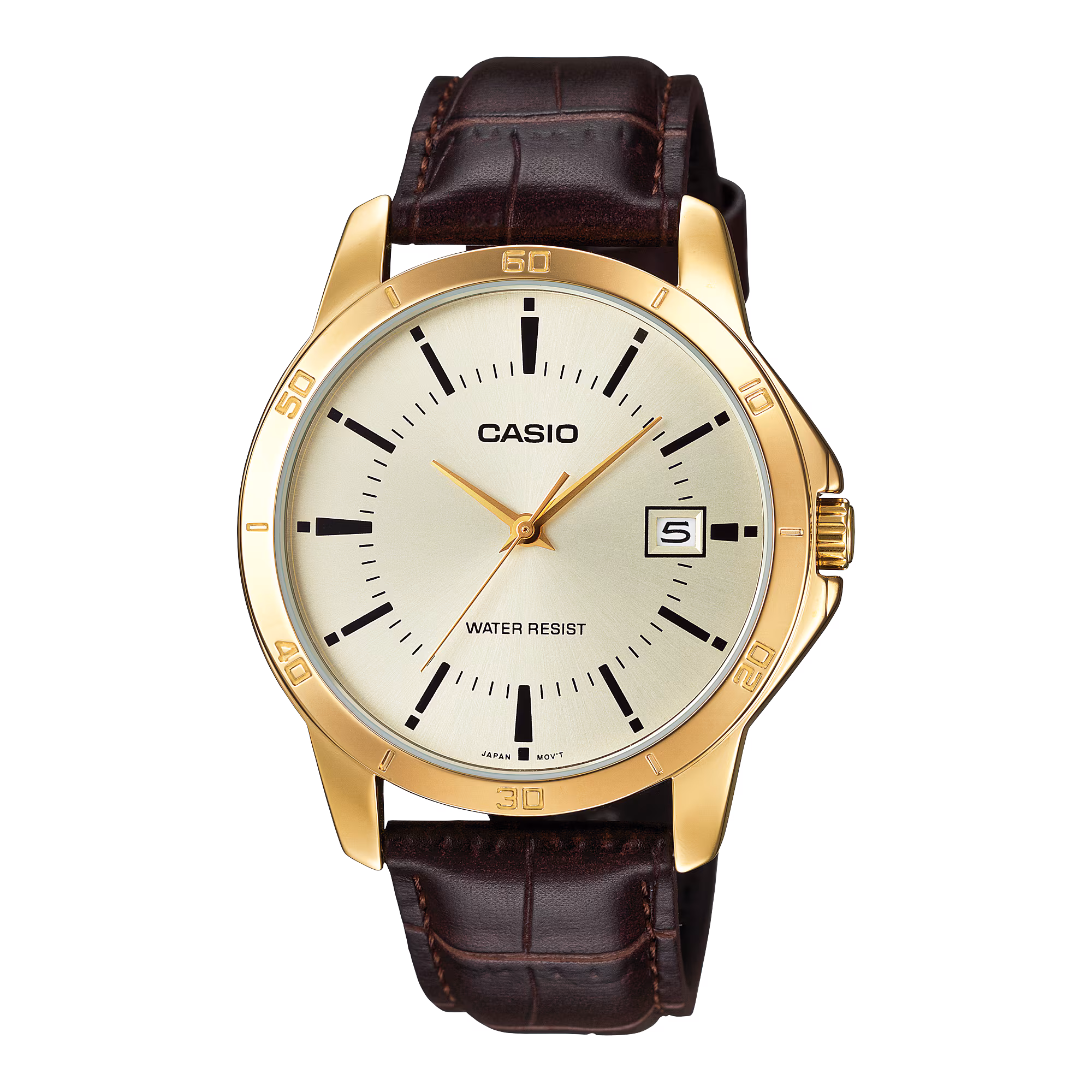 MTP-V004GL-9AU ساعت مچی مردانه کاسیو MTP V004GL 9A با بند چرمی و قاب طلایی