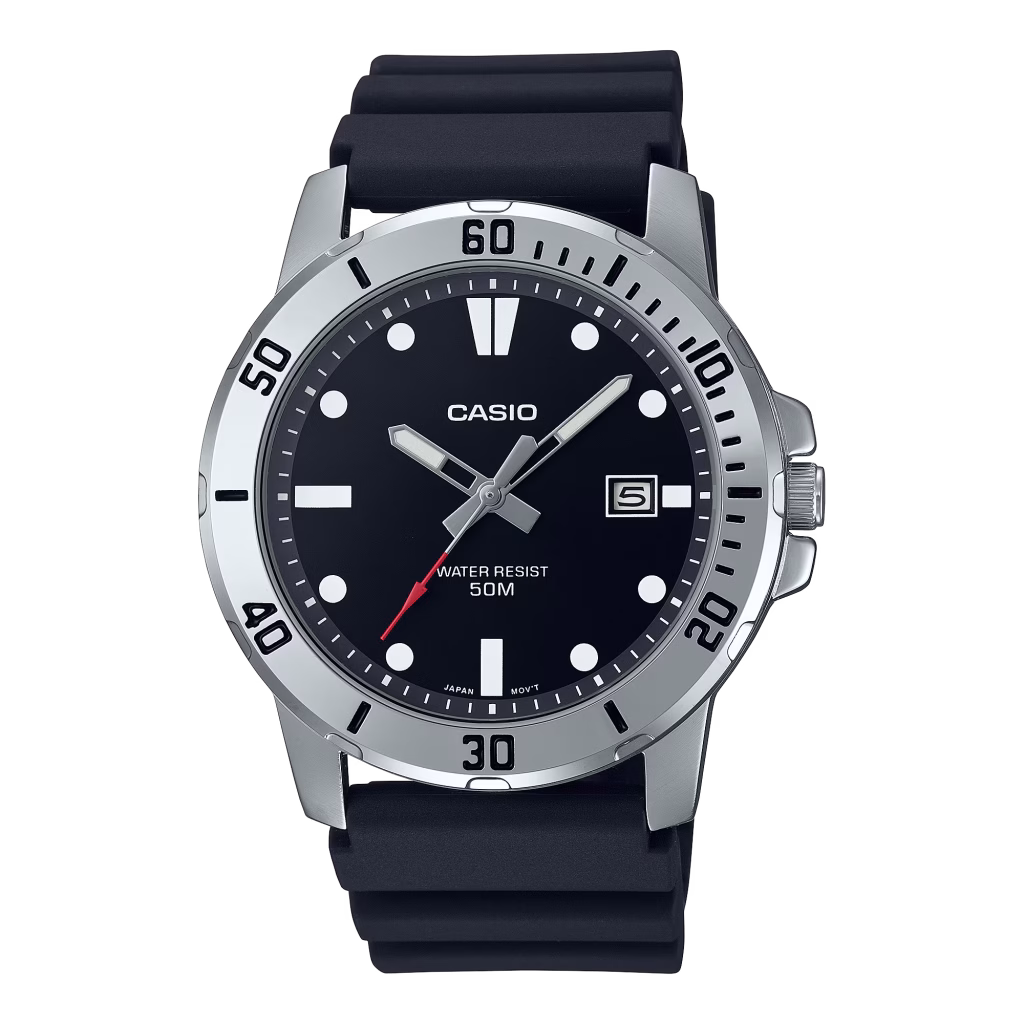 ساعت مچی مردانه کاسیو MTP-VD01-1EV با طراحی اسپرت، قاب فلزی، بند رزینی مشکی و نمایش تاریخ