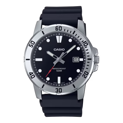 ساعت مچی مردانه کاسیو MTP-VD01-1EV با طراحی اسپرت، قاب فلزی، بند رزینی مشکی و نمایش تاریخ