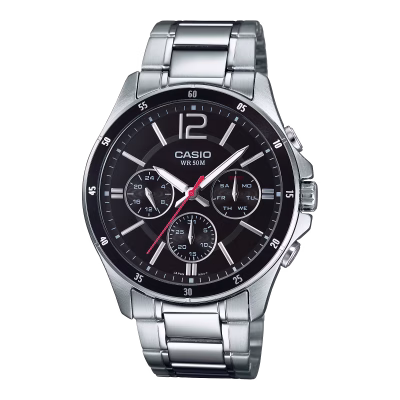 ساعت مچی مردانه کاسیو سه موتوره مدل Casio MTP-1374D-1A بند استیل و صفحه مشکی