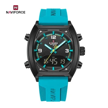 ساعت مچی نیوی فورس مدل NF9242 بدنه مشکی با بند سیلیکونی آبی فیروزه‌ای و صفحه دیجیتال آنالوگ