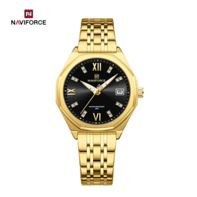 ساعت نیوی فورس NF5052 طلایی زنانه با صفحه مشکی و نگین دار
