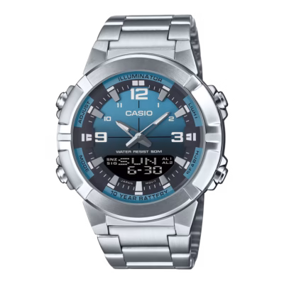 ساعت کاسیو مدل AMW-870DA-2A2V تماما استیل دو زمنه با رنگ صفحه ابی