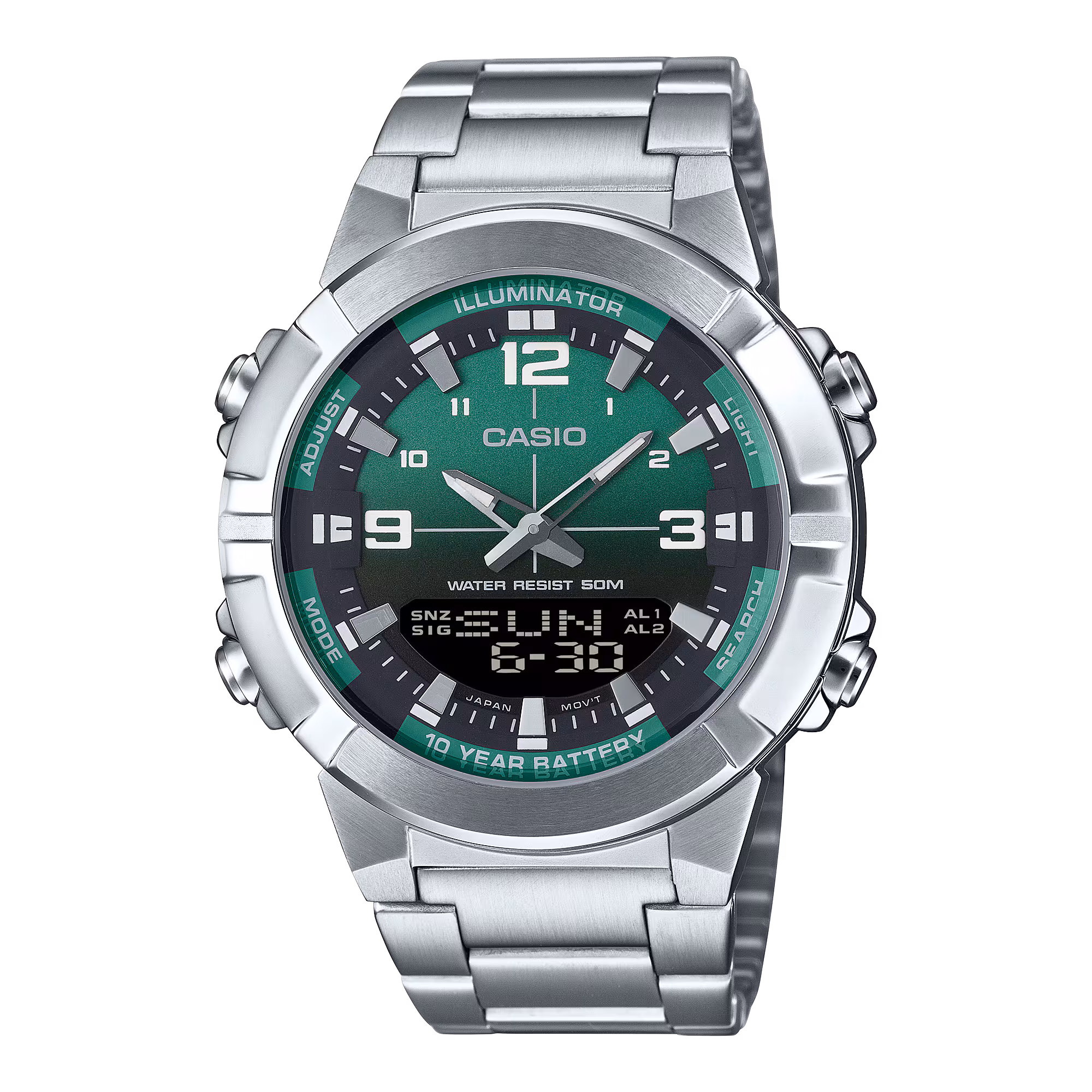 ساعت کاسیو تمم استیل مدل AMW-870DA-3AV دوزمانه با صفحه سبز رنگ